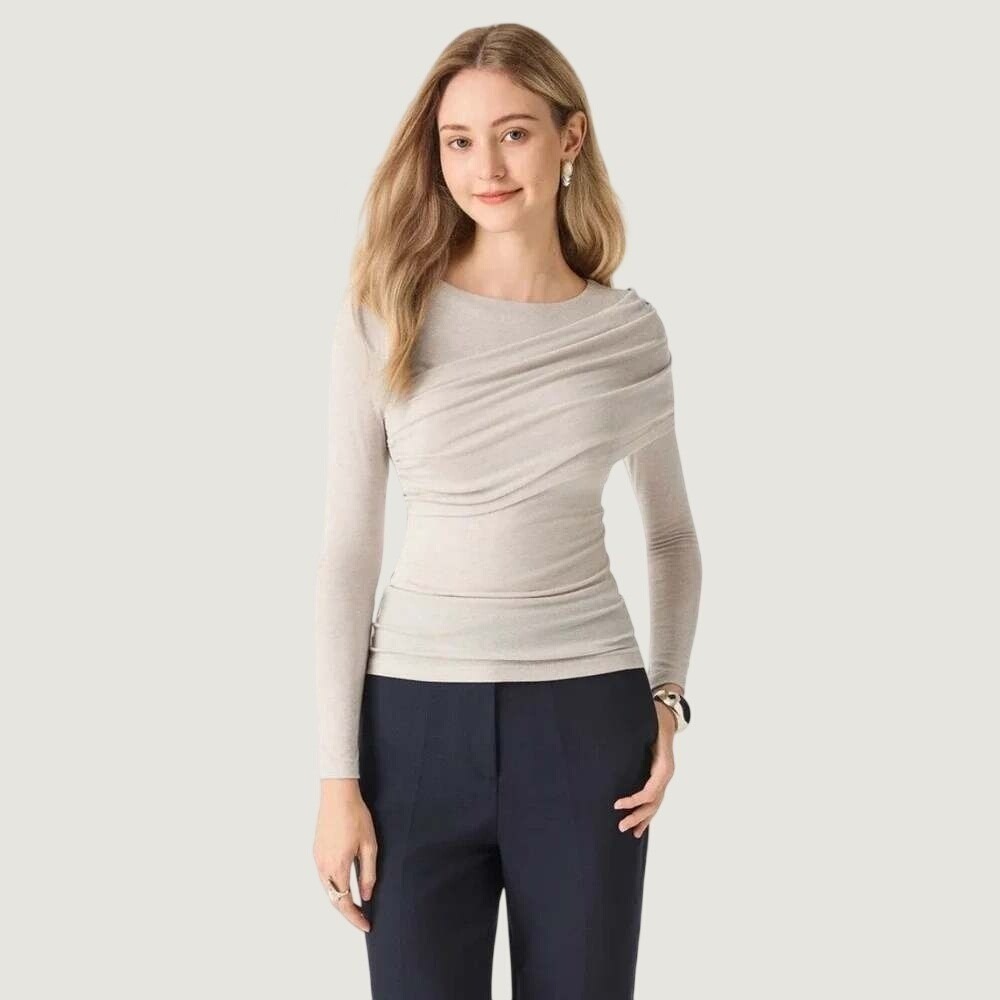 NEW OGL LiteWarm Draped Neck Long Sleeve Brami Top XS Oatmeal Tencel Merino Wool